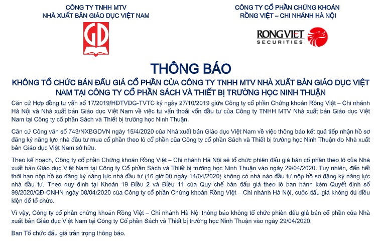 Thông báo không tổ chức bán đấu giá bán cổ phần của Công ty TNHH MTV Nhà xuất bản Giáo dục Việt Nam tại Công ty CP Sách và TBTH Ninh Thuận