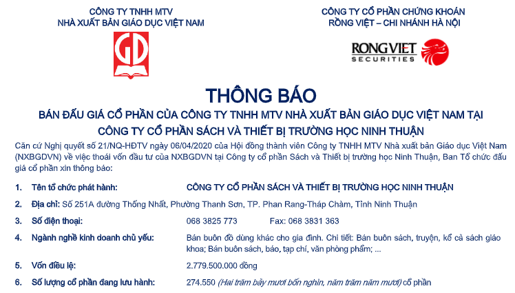 Thông báo bán đấu giá cổ phần của Công ty TNHH MTV Nhà xuất bản Giáo dục Việt Nam tại Công ty CP Sách&TBTH Ninh Thuận