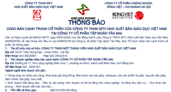 Thông báo chào bán cạnh tranh cổ phần của Công ty TNHH MTV Nhà Xuất bản Giáo dục Việt Nam tại CTCP Tập đoàn Tân Mai